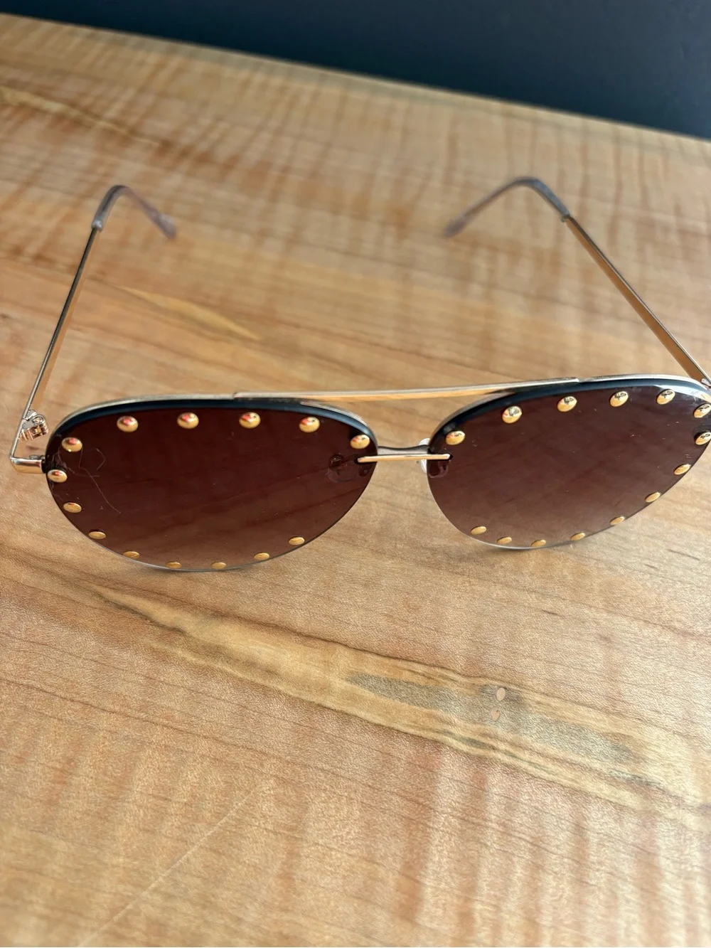 Gold Rimless Studded Brown Gradient Aviator Sunglasses - Women Accessories